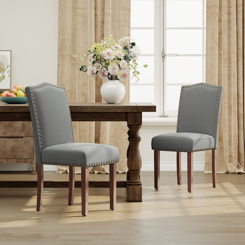 6" Thickened Modern Soft Linen Fabric Upholstered Dining Chair  with Solid Wood Legs, Nailhead Trim, Ergonomic High Back, 2