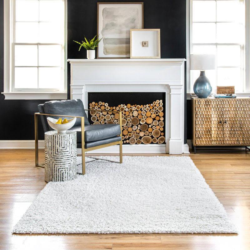 Oguz Power Loom Performance Solid Shag Ivory Rug, Rectangle 5'3" x 7'7"