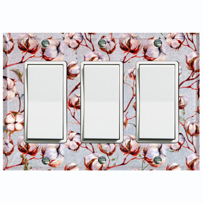 Cotton Flower Branch Gray Landscape & Nature 3 - Gang Rocker Standard Wall Plate