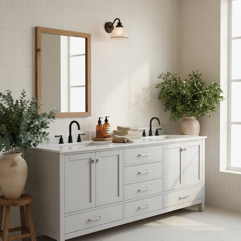 Meuble-lavabo double 84 po avec comptoir et lavabo 84 po, structure en bois massif, gris
