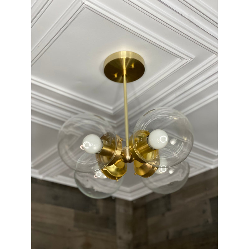 Lustre moderne 5 lumières Mid-Century, Laiton brut, Transparent