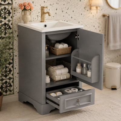 20 Inch Bathroom Vanity with Ceramic Sink, Soft Close Door, Adjustable U-Shaped Shelf, Compartment Drawer and Door Storage Rack, Modern Style, Space-Saving Design
