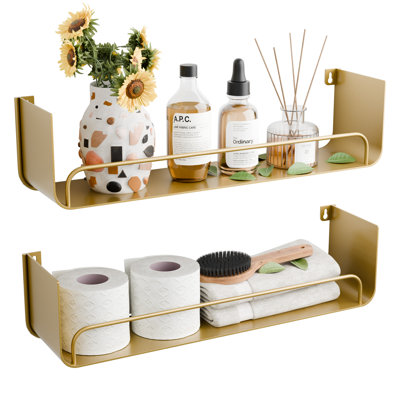 16 Inch Gold Floating Shelves Set Of 2, Modern Iron Bathroom Shelves With Guardrail, U-shaped Wall Mounted Shelf For Home Decor & Organizer, Display Shelf For Bathroom,kitchen,bedroom&any Room