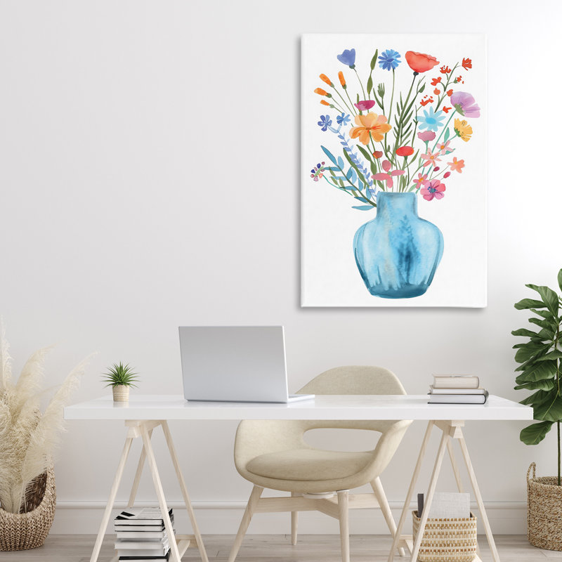 Vase aquarelle sur toile Bouquet bleu, design par LSR Design Studio, H 30 po x l 20 po