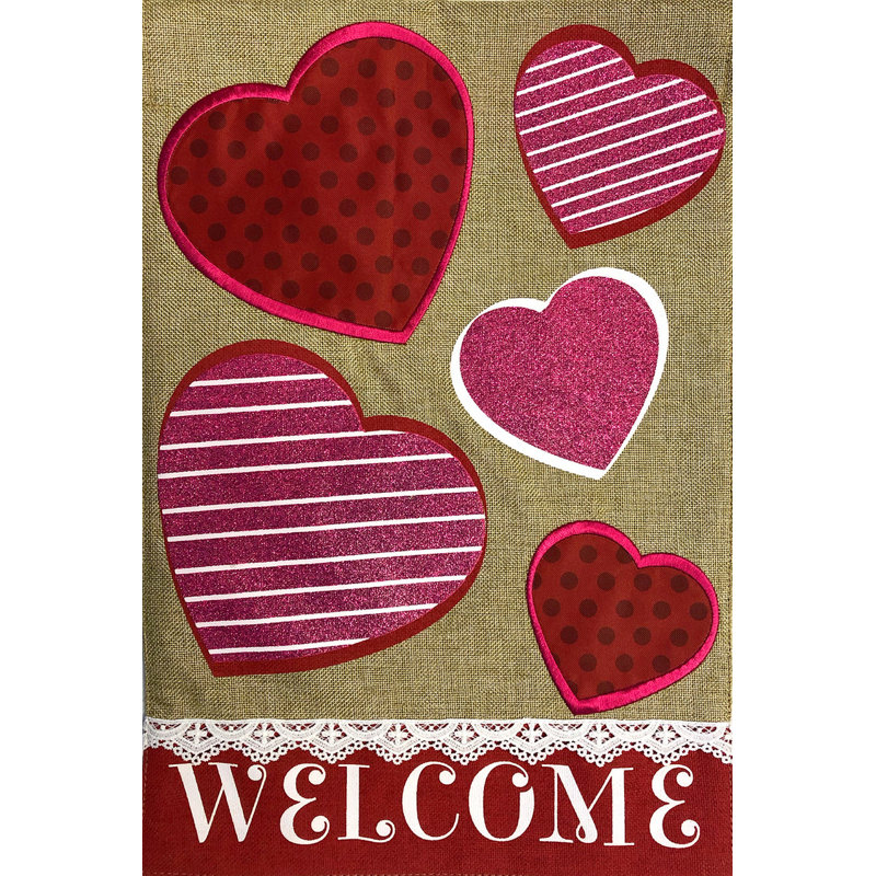 Coeurs, drapeau de jardin en toile de jute pour la Saint-Valentin, Rouge / rose