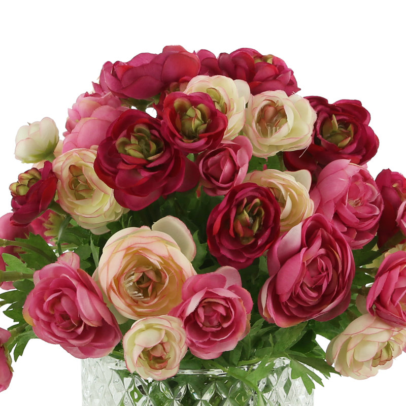 Silk Ranunculus Faux Floral in Vase, Pink, Magenta, Fuchsia