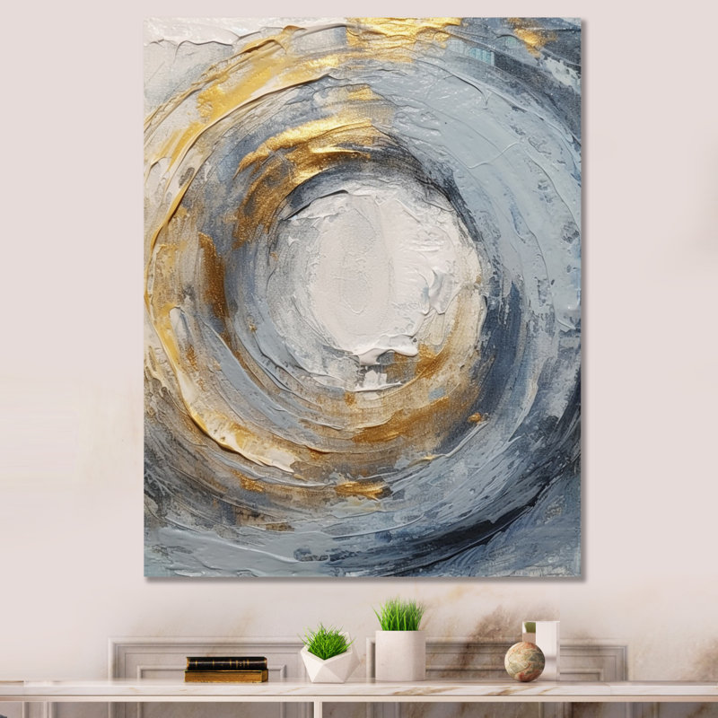 «Gold and Blue Vibrant Spirals IV - Abstract Spirals», art mural encadré, H 32 po x l 16 po, Toile tendue, Sans cadre