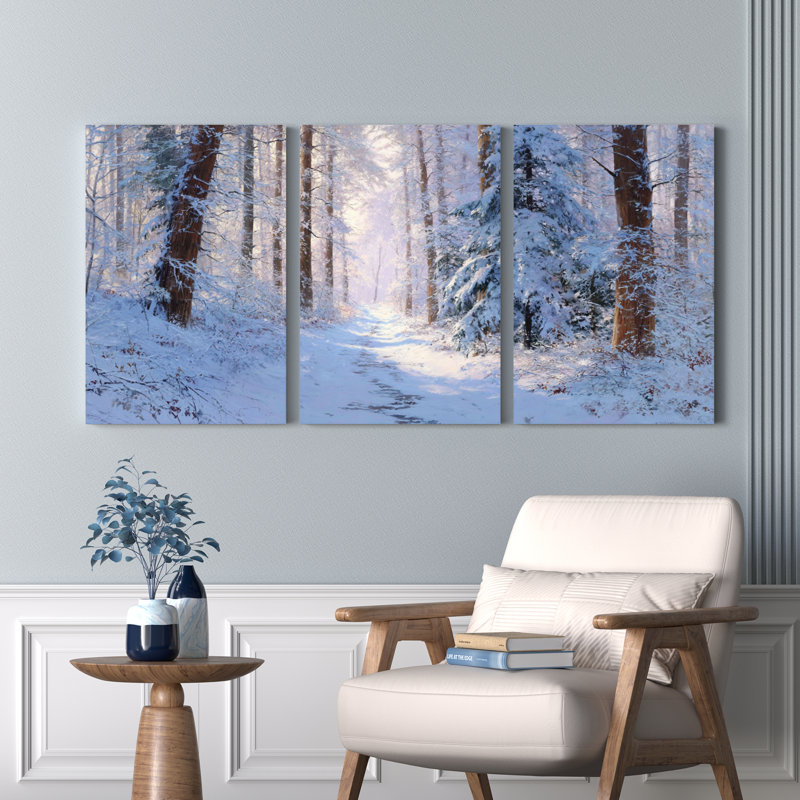 Ensemble de 3 tableaux sur toile tendue représentant un sentier enneigé dans la forêt hivernale, H 36 po x l 72 po