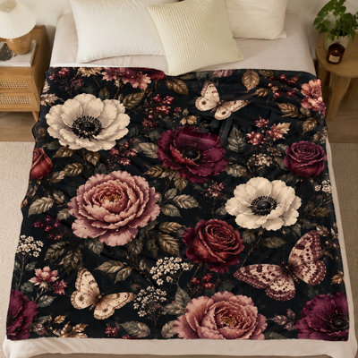 Couverture vintage à motif floral et papillons (1 pièce) – Impression recto ; Style artistique Dark Academia ; Douce et chaude ; Lavable à la machine ; Parfait pour le salon, la chambre ou les pique-niques ; Un bel élément de décoration. Convient également pour la literie et le canapé.