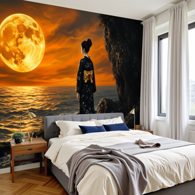Papier peint adhésif chinoiserie de style chinois, kimono japonais, grande lune, mystique, 100 x H 144 po, papier peint amovible en PVC, art mural pour chambre à coucher, salon