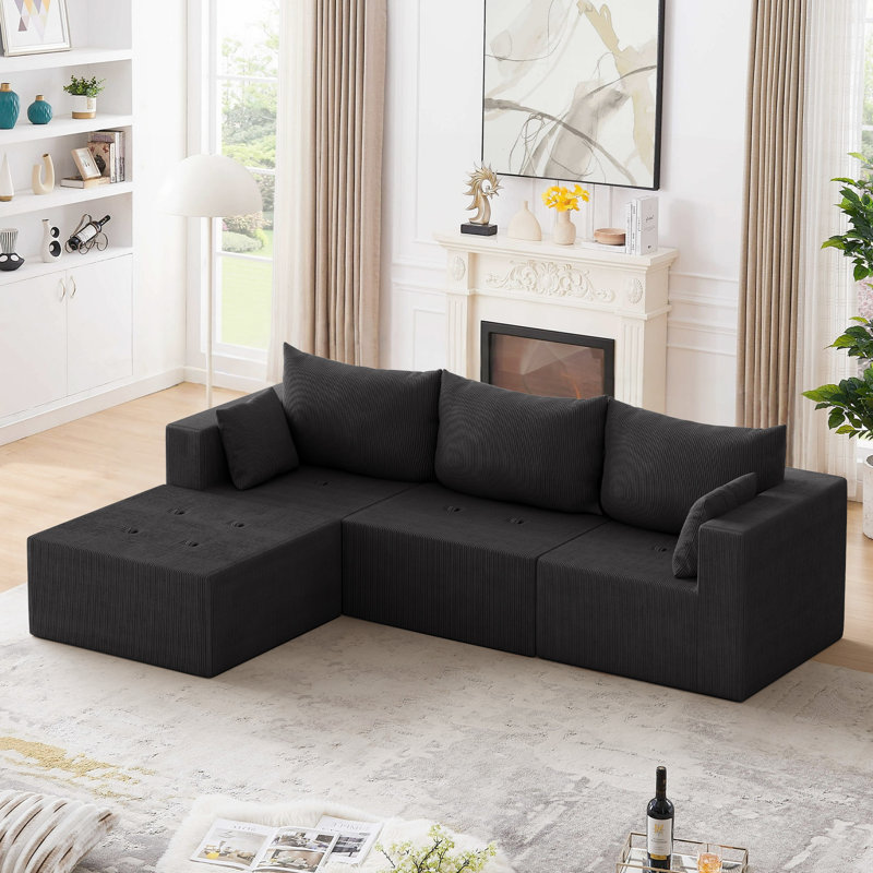 Canapé modulaire en velours côtelé de 104,25 po de largeur, aucun assemblage requis, Velours côtelé noir