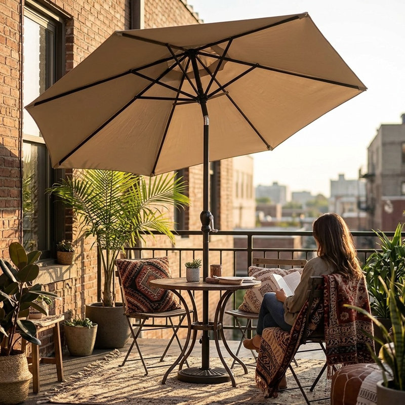 Parasol de patio de 10 pi, parasol de table de marché extérieur avec manivelle et bouton-poussoir inclinable, auvent en acier et polyester