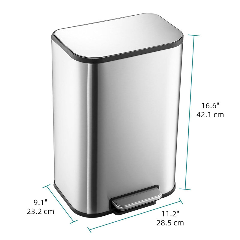 Stainless Steel Garbage Can with Lid, Step-On Pedal and Inner Bucket, Rectangular Trash Can for Kitchen, 3.2 Gallons