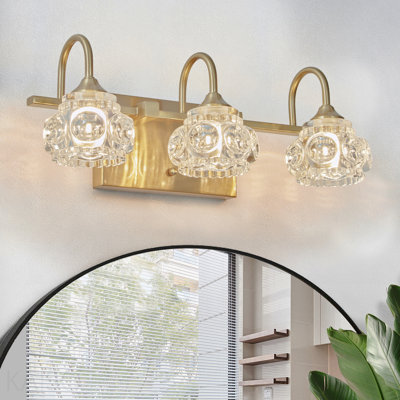 Luminaire de salle de bain moderne en cristal 17 po, applique murale dorée à 3 lumières avec abat-jour en verre transparent, éclairage mural élégant pour salle de bain, salle d'eau ou miroir de meuble-lavabo (sans ampoules)