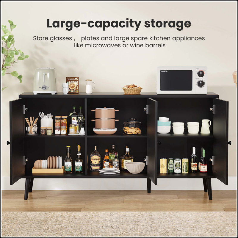 Elegant Rattan Sideboard Buffet Cabinet with 3 Doors, Large Storage for Modern Kitchens and Entryways, Black