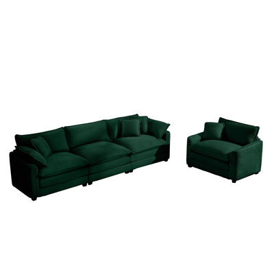 Emerald Green Corduroy Modular Sectional Sofa Set, Mid-Century Modern 2-Piece Living Room Couch with Throw Pillows