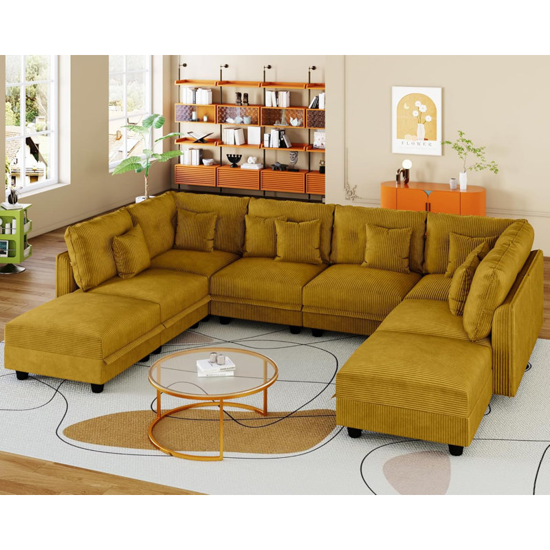 Degennaro 8 Seat Corduroy Convertible Modular Sectional Sleeper With Storage, Yellow Corduroy