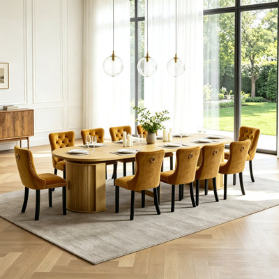 47" to 118" Extendable Dining Table Set with Storage Base, Oval Extendable Tabletop, Safe Corner, 6-10 Seats, Velvet Upholstered Chairs, Modern Rectangular Wooden Kitchen Table Set for Dining Room
