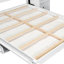 Grand lit plateforme blanc avec tablette, armoires latérales, tiroirs et fabrication en pin massif, design français, grande capacité de rangement, élégance, espace d'utilisation nocturne
