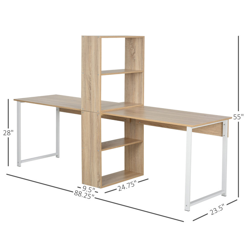 88" Extra Long 2-Person Computer Desk With Storage Shelves Combo, Double Workstation Storage Study Writing Table For Home Office, Bookshelf, Natural Wood Colour