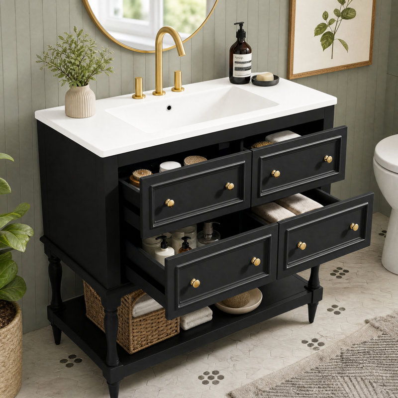 Meuble-lavabo autoportant 36 po avec lavabo en céramique 36 po, 4 tiroirs et tablette ouverte, noir, Black