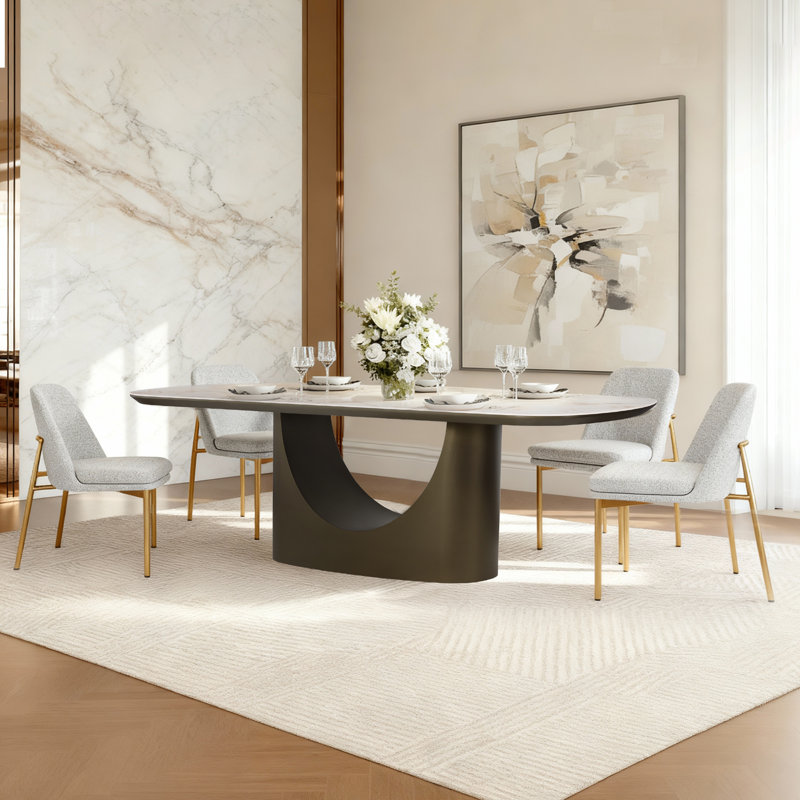 Solvane 71" Oval Dining Table with Glossy Ceramic Top and Golden Veneer Base