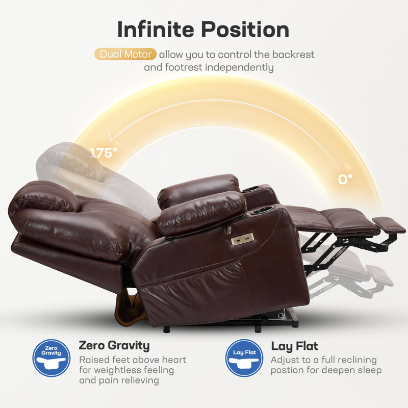 Dual Motor Power Lift Recliner Chair for Elderly with Massage and Heat, Electric Lift Chair for Adults with Extended Footrest, USB A&C, 2 Cup Holders (T6013-Faux Leather, Dark Brown, Medium)