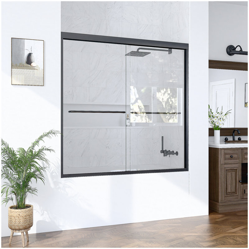 56"-60"W*60" H Semi-Frameless Double Sliding Shower Door, Bypass Shower Door, 1/4" (6mm) Thick SGCC Tempered Glass Door, Matte Black
