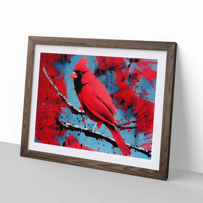 Cardinal Bird Splash Vol.2 Abstract - Single Picture Frame Painting, 25cm H x 34cm W x 2cm D, Walnut Framed