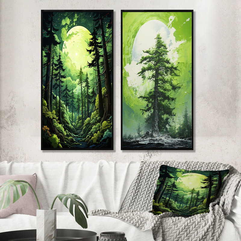 Neon Green Redwood Trees Forest - Tree Redwood Canvas Wall Art Set Of 2, 28" H x 25" W, Black Floater Framed