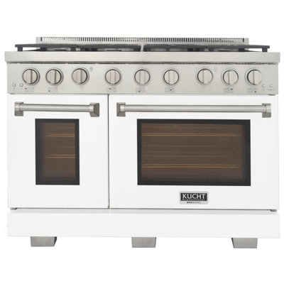 Kucht Professional 48 po 6,7 pieds cubes Pi. Cuisinière avec brûleurs scellés, plaque chauffante et deux fours - une convection - en acier inoxydable avec boutons argentés classiques