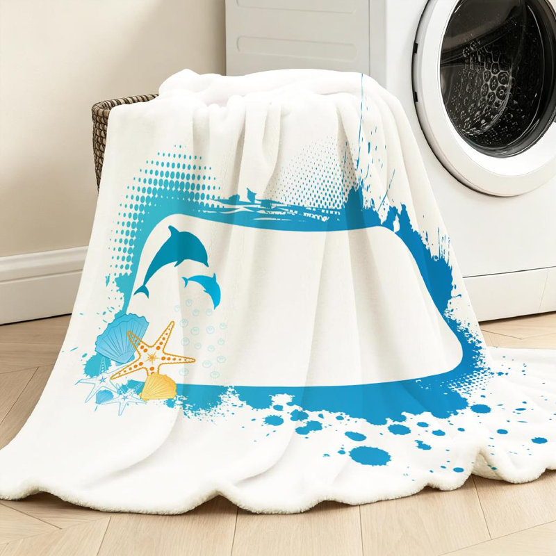 Jeté en molleton bleu flanelle ultra doux, cadre grunge avec imprimé d'un côté mer, Jeté 50 po x 60 po