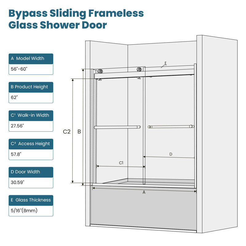 56-60X62" Semi-Frameless Double Sliding Bathtub Door with 5/16" (8 mm) Tempered Nano Coating Glass and Stainless Steel Towel Bar