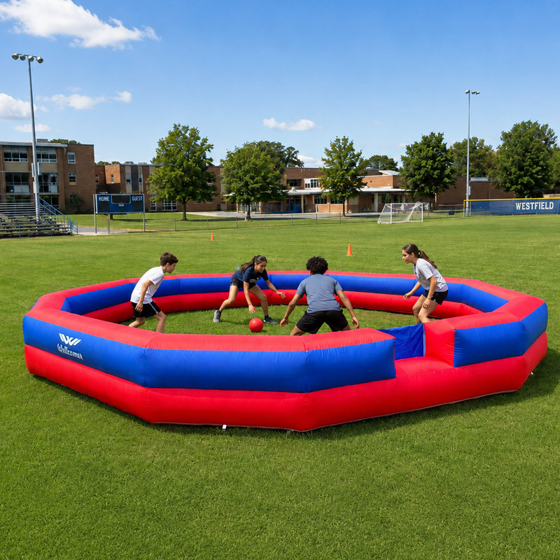 Fosse à balles GaGa 2 couches avec souffleur interne Wellcomer 22FT, terrain portatif léger pour les jeux dans la cour, les écoles et les loisirs en famille - rouge et bleu