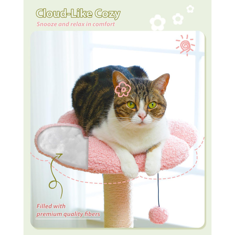 Flower Cat Tree With Large Metal Frame Hammock, 35" Cute Cat Tower With Sisal Scratching Posts For Small Indoor Cats, Cat Condo With Pink Top Perch For Kittens, Pink