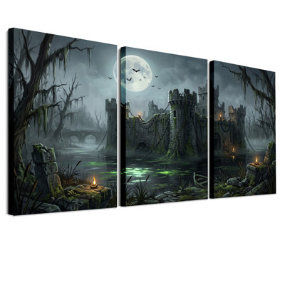 Ruines d'un château sombre sous la pleine lune pour l'Halloween - Ensemble de 3 toiles murales