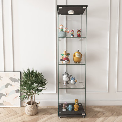 Vitrine moderne en verre avec lumières DEL, armoire antique à assemblage rapide, bibliothèque en verre trempé, convenant au salon et aux chambres à coucher, 1 porte et 4 tablettes, noir