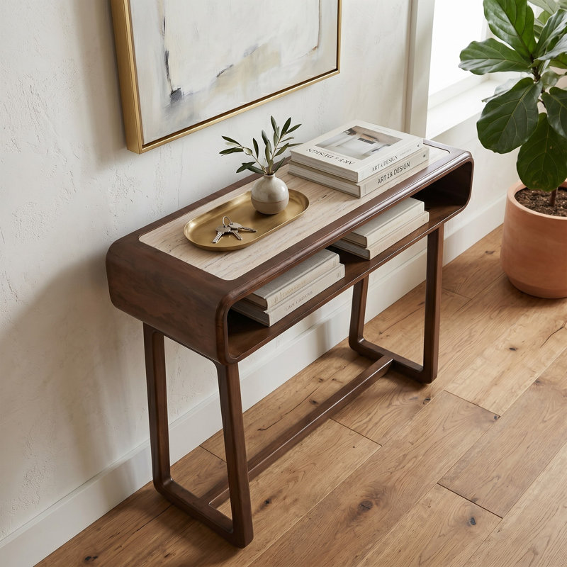Console Adonia Modern en bois de manguier et en travertin avec tablette ouverte et design courbé - 42 po