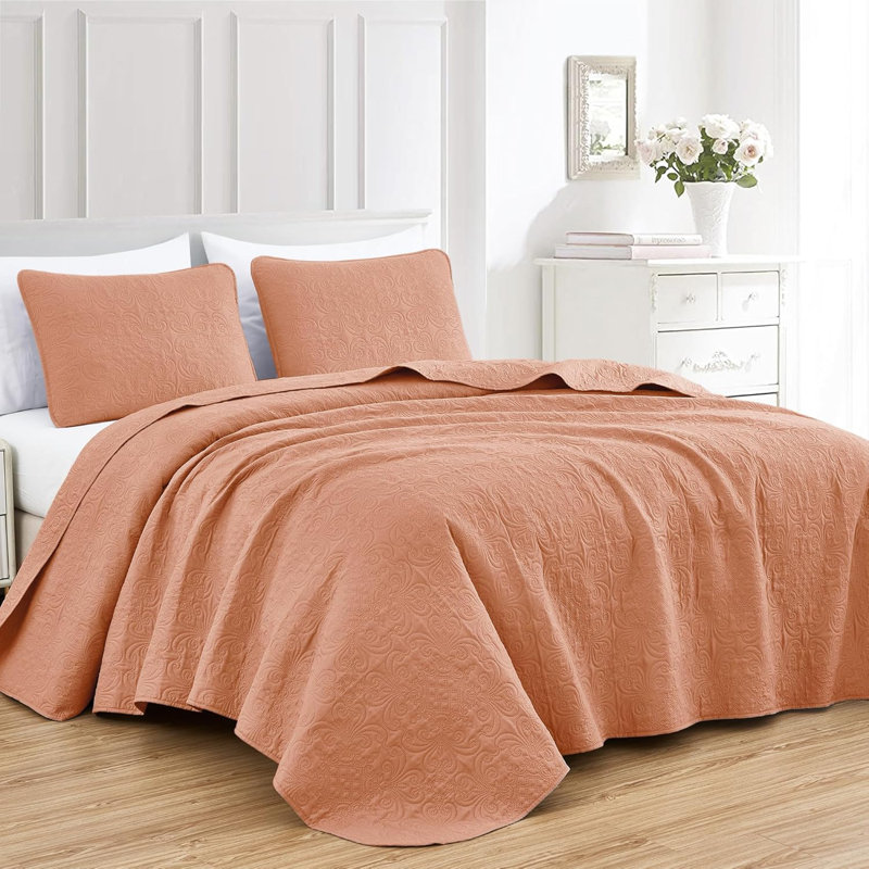 Luca 3-Piece Lightweight Microfiber Oversized Bedspread Set, King Coverlet/Bedspread + 2 King Shams, Salmon