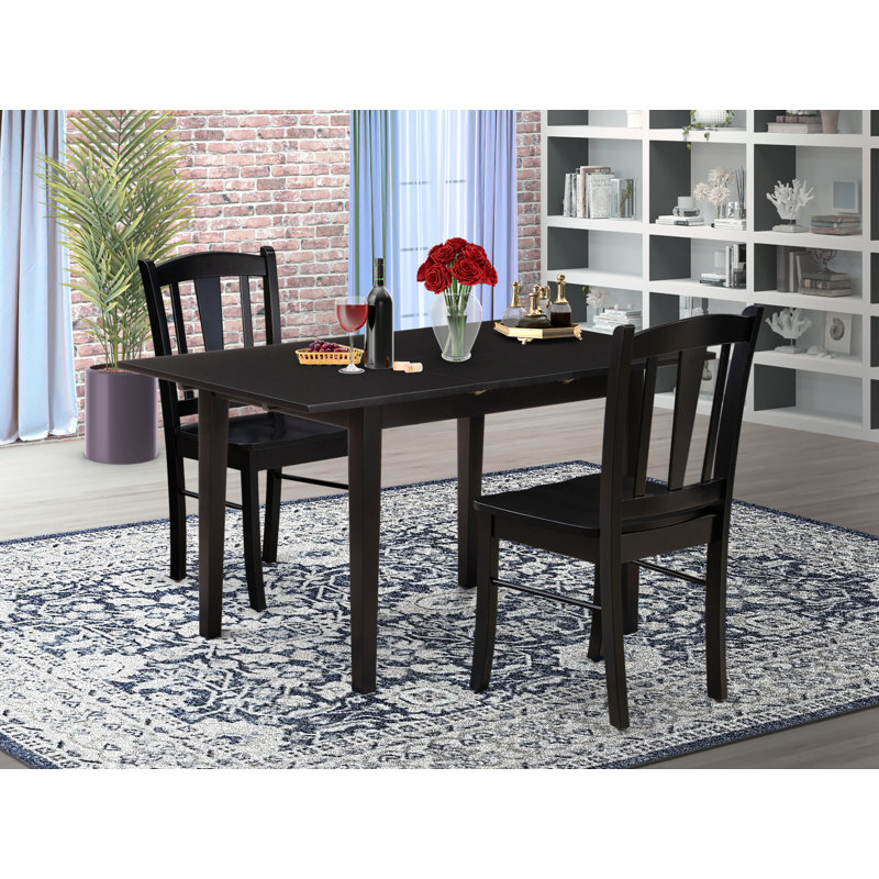L'ensemble 3 pièces contient une table rectangulaire en bois avec une rallonge papillon et 2 chaises de cuisine, noir, Noir