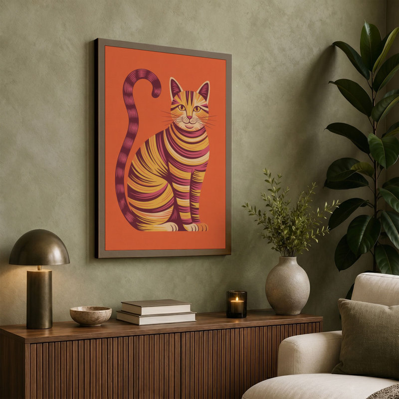 Striped Cat in Orange Modern - Wrapped Canvas, 30x20 - 76.2 x 50.8 cm, Terracotta Border