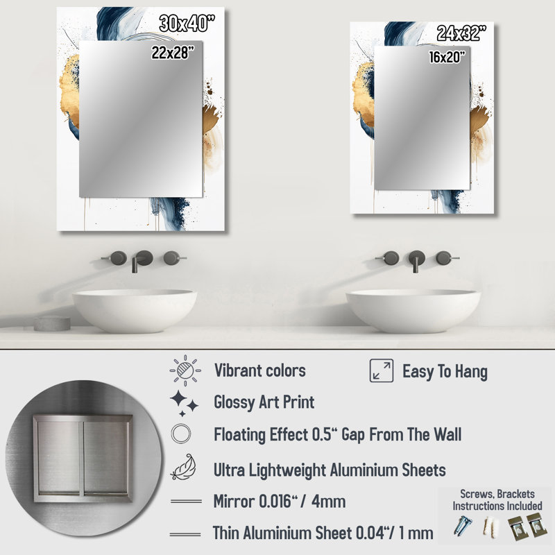 Abstract Gold And Blue Underwater Life I - Abstract Shapes Decorative Mirror, Modern Wall Mirror, Printed Metal Art