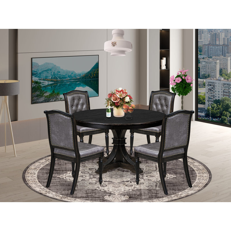 Ensemble de salle à manger 5 pièces comprenant une table et 4 chaises de salle à manger en tissu polyester gris foncé avec dossier capitonné et finition sablée noire.