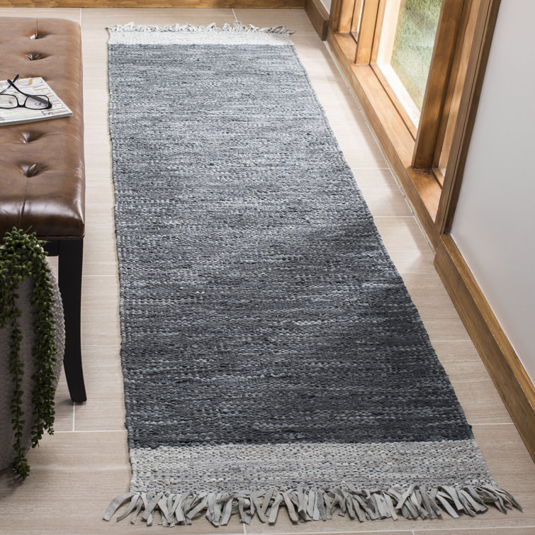Exley Hand Woven Leather/Cotton Solid Color Rug in Dark Gray