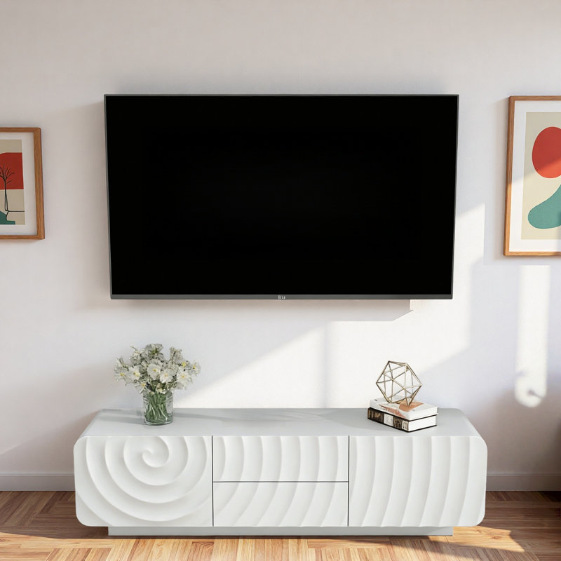 Meuble télé unique en forme de spirale avec armoires de rangement et 2 tiroirs, Blanc