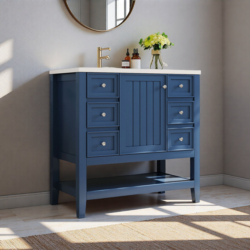 Meuble-lavabo 36 po avec lavabo, une armoire et trois tiroirs, panneau de bois massif et panneau de fibres à densité moyenne