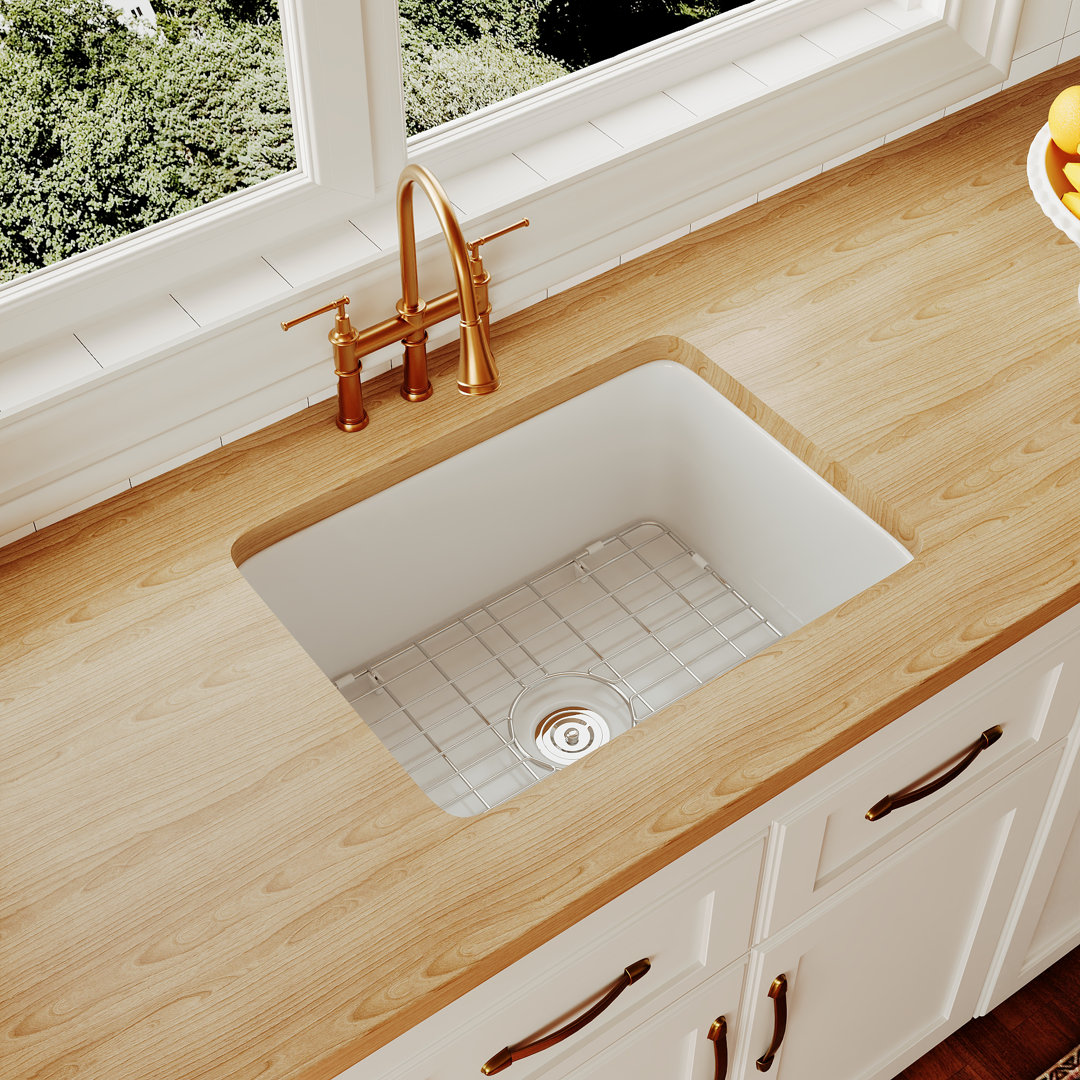 24" L x 19" W Rectangular White Fireclay Undermount Kitchen Sink with Basket Strainer and Sink Grid DeerValley