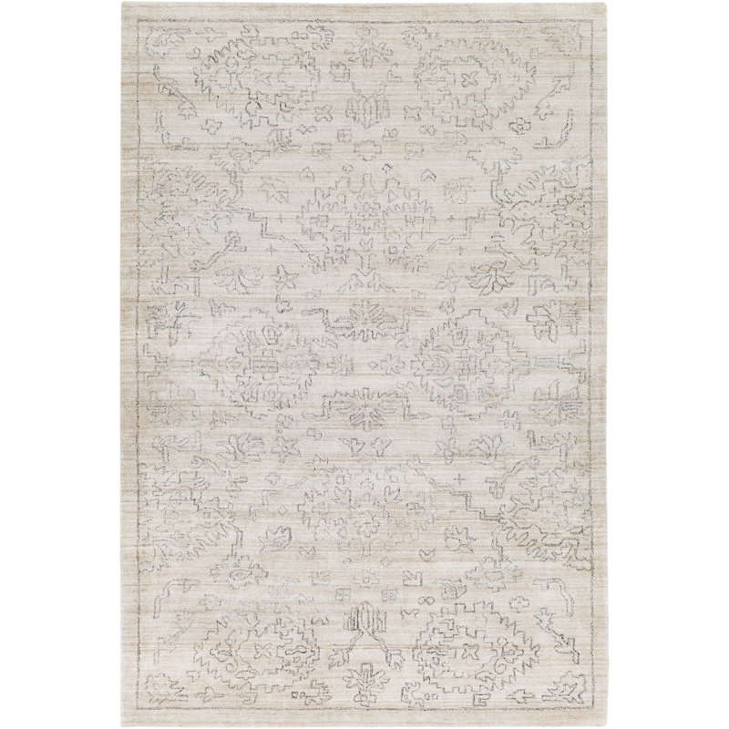 Malonne Damask Handmade Ivory/Charcoal Area Rug, Rectangle 4' x 6'