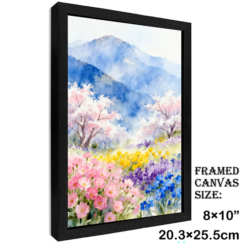 Reproduction d'art encadrée noire à l'aquarelle d'une mer de fleurs au printemps, H 11 po x l 9 po