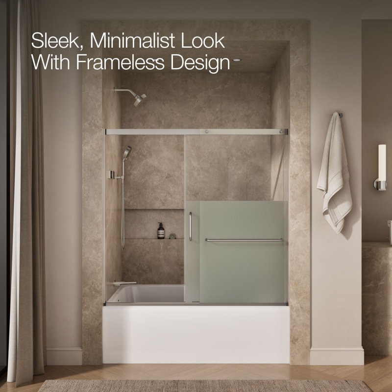 Elate Sliding Bath Door, 56-3/4-In H X 56-1/4 - 59-5/8-In W With Heavy 5/16-In Thick Crystal Clear Glass With Privacy Band